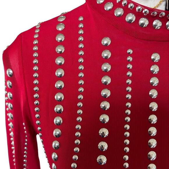 Y2K VTG. RED MESH STUDDED EMBELLISHED SHEER BLOUSE SMALL EUC. - Picture 4 of 8